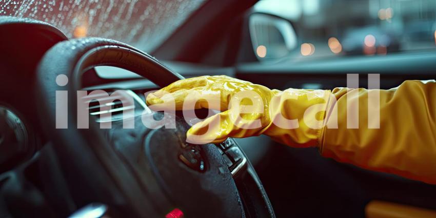 A hand wearing gloves wipes down the dashboard of a car background, the gloved hand cleaning the smooth surface with a cloth, ensuring a tidy and polished interior in a well-lit environment.
