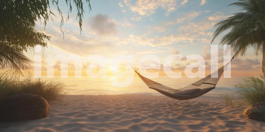 Hammock on a sandy beach at sunset background, gently swaying between palm trees as the sky is painted in warm hues of orange and pink, creating a peaceful, serene atmosphere.