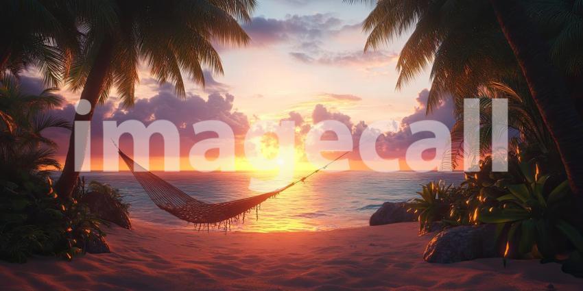 Hammock on a sandy beach at sunset background, gently swaying between palm trees as the sky is painted in warm hues of orange and pink, creating a peaceful, serene atmosphere.