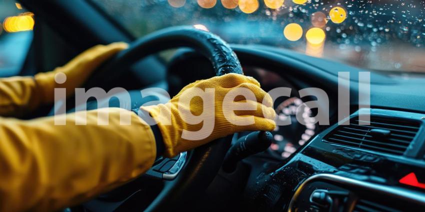 A hand wearing gloves wipes down the dashboard of a car background, the gloved hand cleaning the smooth surface with a cloth, ensuring a tidy and polished interior in a well-lit environment.
