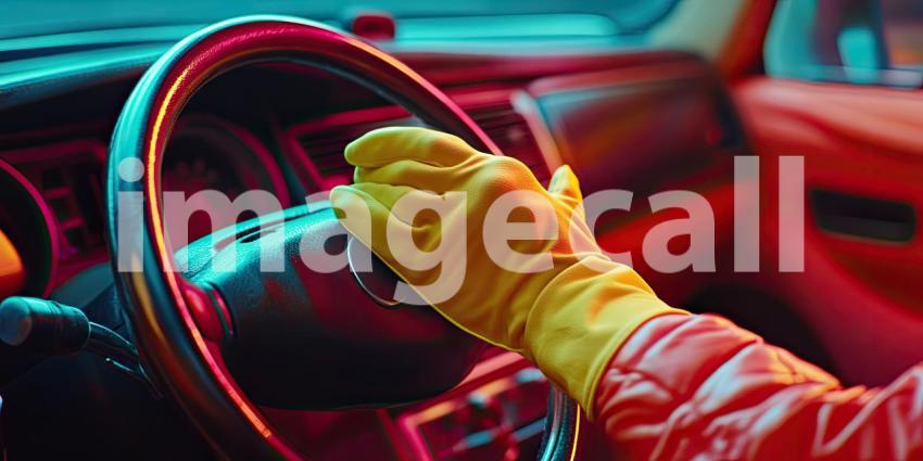 A hand wearing gloves wipes down the dashboard of a car background, the gloved hand cleaning the smooth surface with a cloth, ensuring a tidy and polished interior in a well-lit environment.