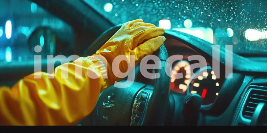 A hand wearing gloves wipes down the dashboard of a car background, the gloved hand cleaning the smooth surface with a cloth, ensuring a tidy and polished interior in a well-lit environment.