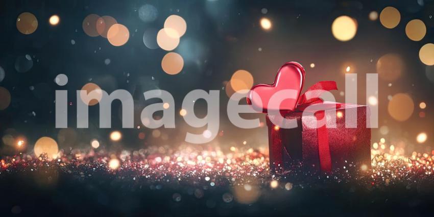 Heart shapes and a gift box with sparkling lights background, glowing hearts and a beautifully wrapped gift box surrounded by twinkling lights, creating a magical and romantic atmosphere perfect for Valentines Day or love celebrations.