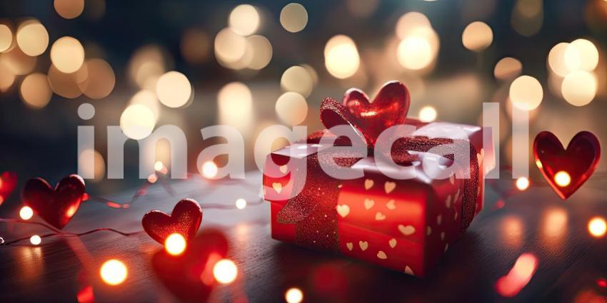 Heart shapes and a gift box with sparkling lights background, glowing hearts and a beautifully wrapped gift box surrounded by twinkling lights, creating a magical and romantic atmosphere perfect for Valentines Day or love celebrations.
