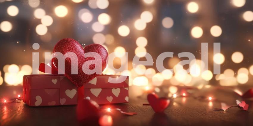 Heart shapes and a gift box with sparkling lights background, glowing hearts and a beautifully wrapped gift box surrounded by twinkling lights, creating a magical and romantic atmosphere perfect for Valentines Day or love celebrations.
