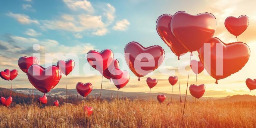 Multiple red heart shapes with bokeh effect background, glowing red hearts scattered across a soft, blurred backdrop of warm, colorful bokeh lights, creating a romantic and dreamy atmosphere.