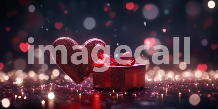 Heart shapes and a gift box with sparkling lights background, glowing hearts and a beautifully wrapped gift box surrounded by twinkling lights, creating a magical and romantic atmosphere perfect for Valentines Day or love celebrations.