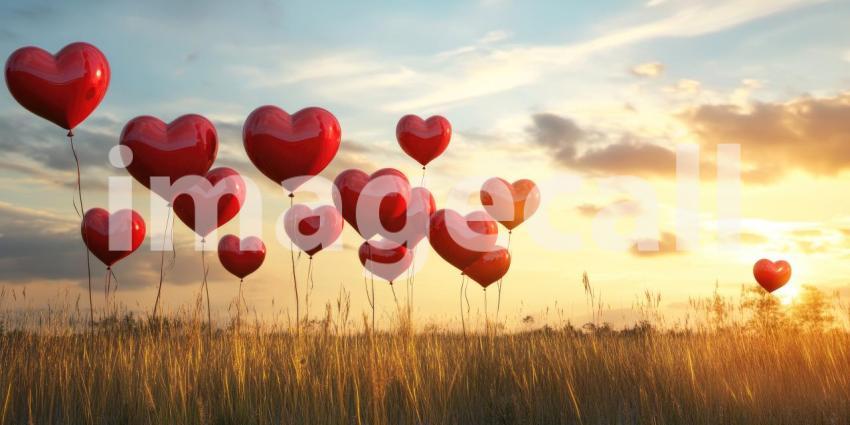 Multiple red heart shapes with bokeh effect background, glowing red hearts scattered across a soft, blurred backdrop of warm, colorful bokeh lights, creating a romantic and dreamy atmosphere.