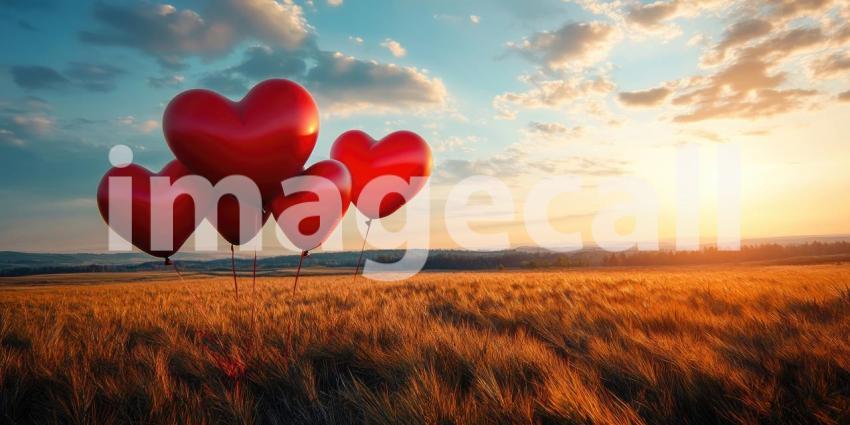 Multiple red heart shapes with bokeh effect background, glowing red hearts scattered across a soft, blurred backdrop of warm, colorful bokeh lights, creating a romantic and dreamy atmosphere.
