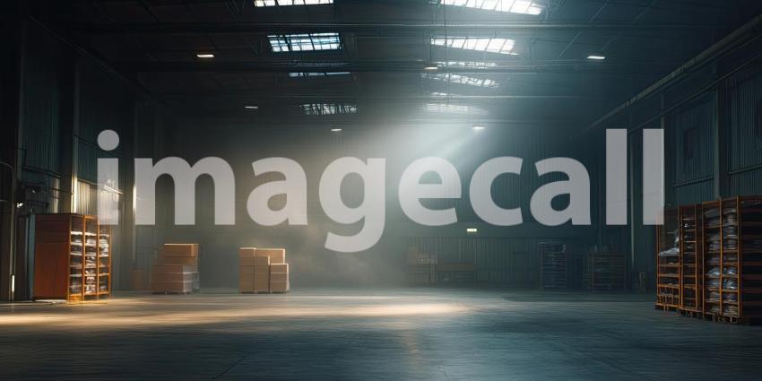 Industrial Warehouse Interior with Bright Lighting Background, Spacious Warehouse with High Ceilings and Illuminated by Bright Lights
