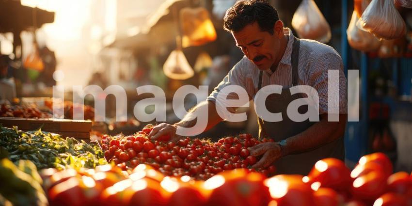 Hispanic man arranging fresh tomatoes at an outdoor market background, vibrant red tomatoes neatly displayed on wooden crates, with a bustling market atmosphere and sunlight casting a warm glow.