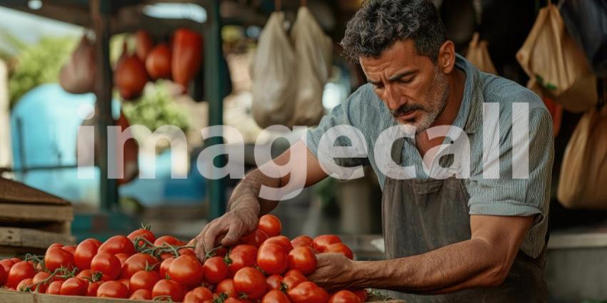 Hispanic man arranging fresh tomatoes at an outdoor market background, vibrant red tomatoes neatly displayed on wooden crates, with a bustling market atmosphere and sunlight casting a warm glow.