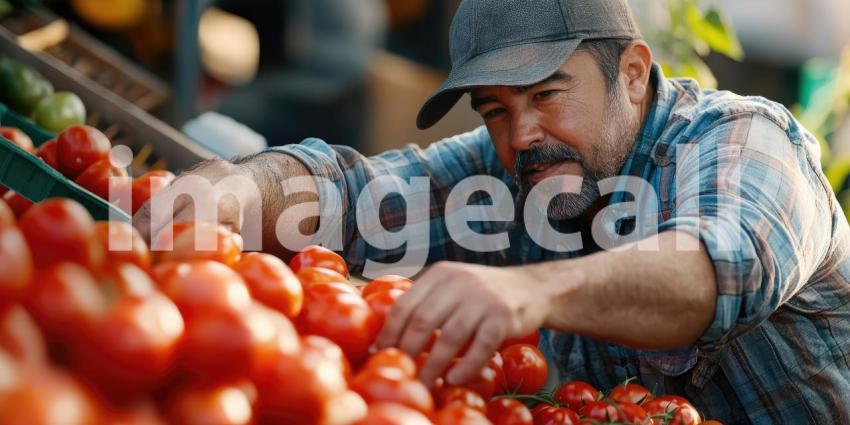 Hispanic man arranging fresh tomatoes at an outdoor market background, vibrant red tomatoes neatly displayed on wooden crates, with a bustling market atmosphere and sunlight casting a warm glow.