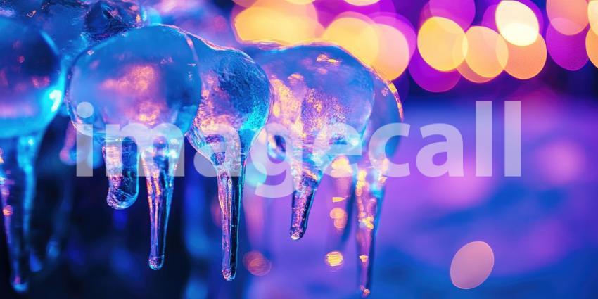 Ice Sculptures Glimmering in Vibrant Bokeh Lights Background, Intricate Frozen Art Sparkling Amidst Colorful and Radiant Bokeh Effects