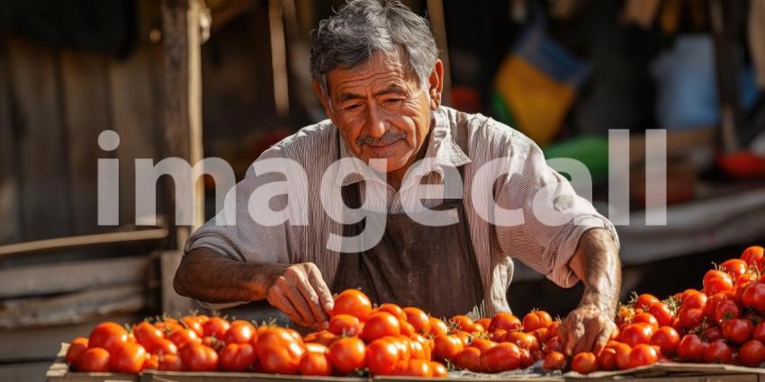 Hispanic man arranging fresh tomatoes at an outdoor market background, vibrant red tomatoes neatly displayed on wooden crates, with a bustling market atmosphere and sunlight casting a warm glow.