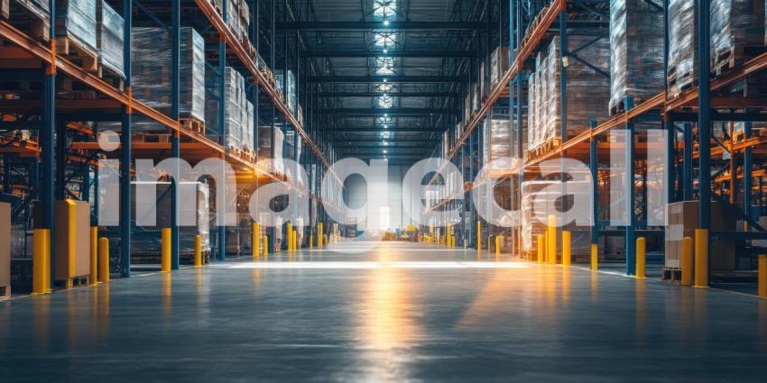 Industrial Warehouse Interior with Bright Lighting Background, Spacious Warehouse with High Ceilings and Illuminated by Bright Lights