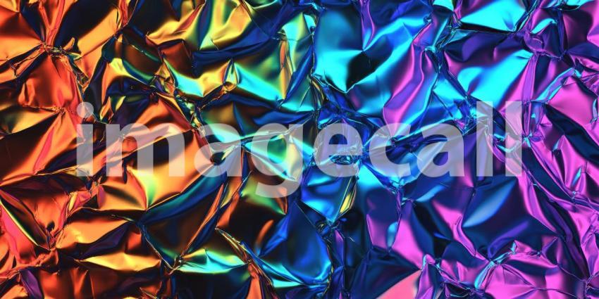 Iridescent crumpled foil texture background, with shimmering, reflective surfaces that change colors as light hits, creating a dynamic and visually captivating pattern of folds and creases.