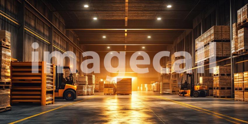 Industrial Warehouse Interior with Bright Lighting Background, Spacious Warehouse with High Ceilings and Illuminated by Bright Lights