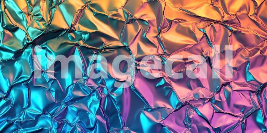 Iridescent crumpled foil texture background, with shimmering, reflective surfaces that change colors as light hits, creating a dynamic and visually captivating pattern of folds and creases.