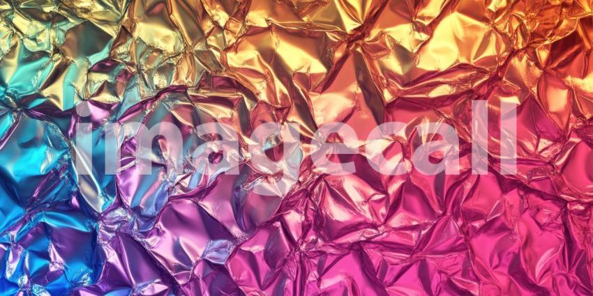 Iridescent crumpled foil texture background, with shimmering, reflective surfaces that change colors as light hits, creating a dynamic and visually captivating pattern of folds and creases.