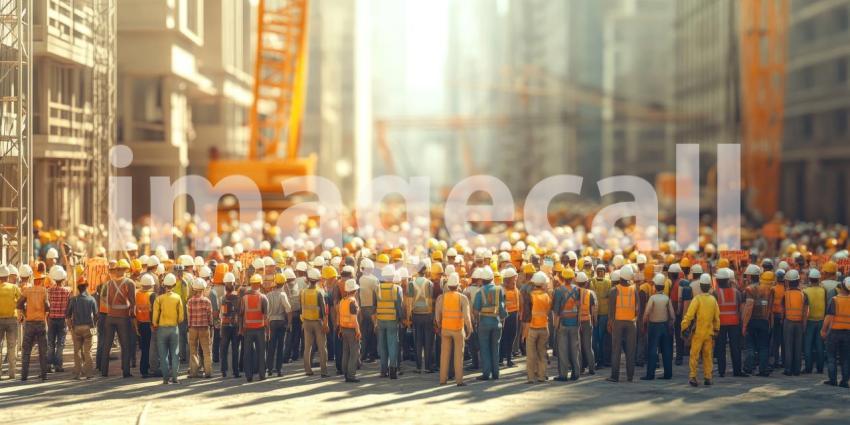Large Group of Construction Workers in Protest Background, Workers Holding Signs and Demonstrating in a Construction Site Setting with Determined Expressions