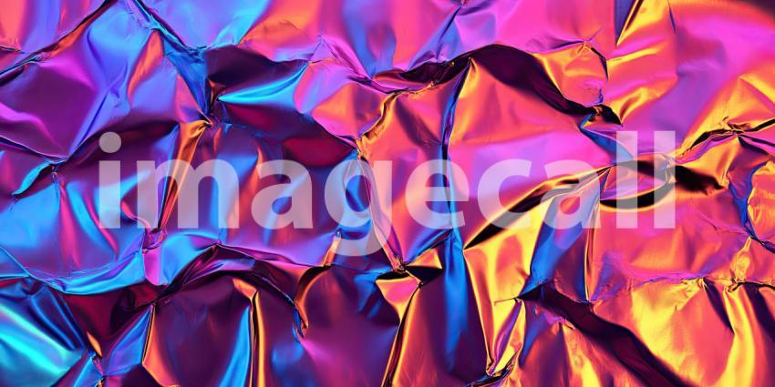 Iridescent crumpled foil texture background, with shimmering, reflective surfaces that change colors as light hits, creating a dynamic and visually captivating pattern of folds and creases.