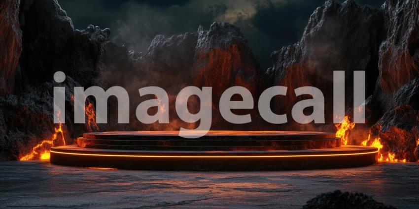 Large Round Lava Podium Stage Background, Dramatic Stage with a Glowing Lava Platform Surrounded by Intense Lighting and Fiery Effects