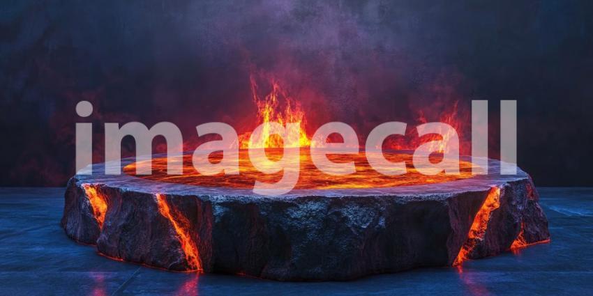 Large Round Lava Podium Stage Background, Dramatic Stage with a Glowing Lava Platform Surrounded by Intense Lighting and Fiery Effects