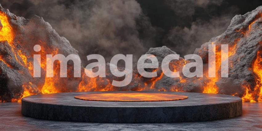 Large Round Lava Podium Stage Background, Dramatic Stage with a Glowing Lava Platform Surrounded by Intense Lighting and Fiery Effects