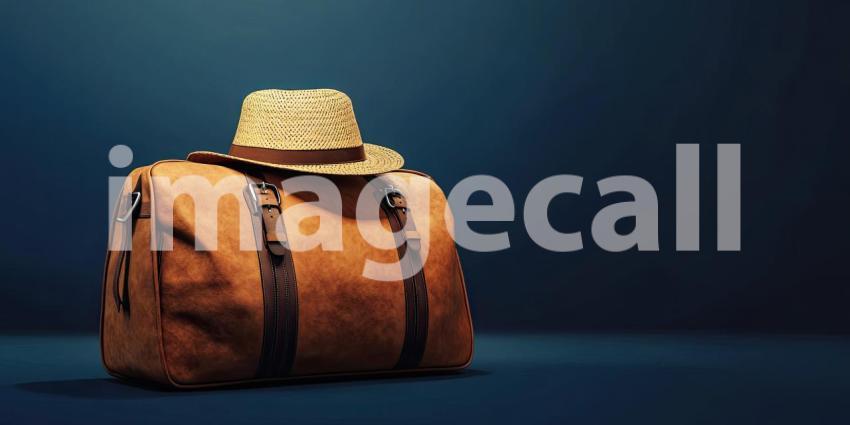 Luxury travel bag with a straw hat on top against a solid background, a sophisticated leather bag paired with a stylish hat, evoking a sense of elegance and adventure, perfect for a getaway or vacation theme.