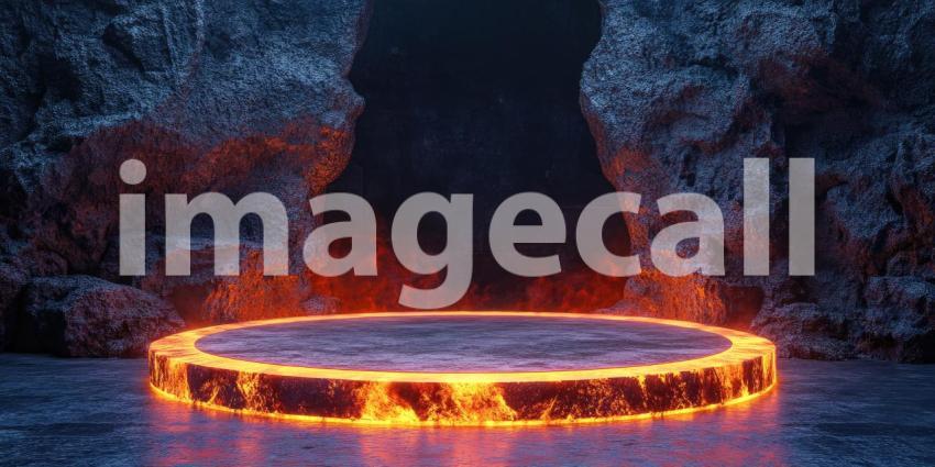Large Round Lava Podium Stage Background, Dramatic Stage with a Glowing Lava Platform Surrounded by Intense Lighting and Fiery Effects