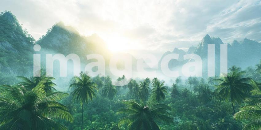 Lush Green Landscape with Misty Mountains and Palm Trees Background, Vibrant Greenery with Majestic Mountains Shrouded in Mist and Palm Trees in the Foreground