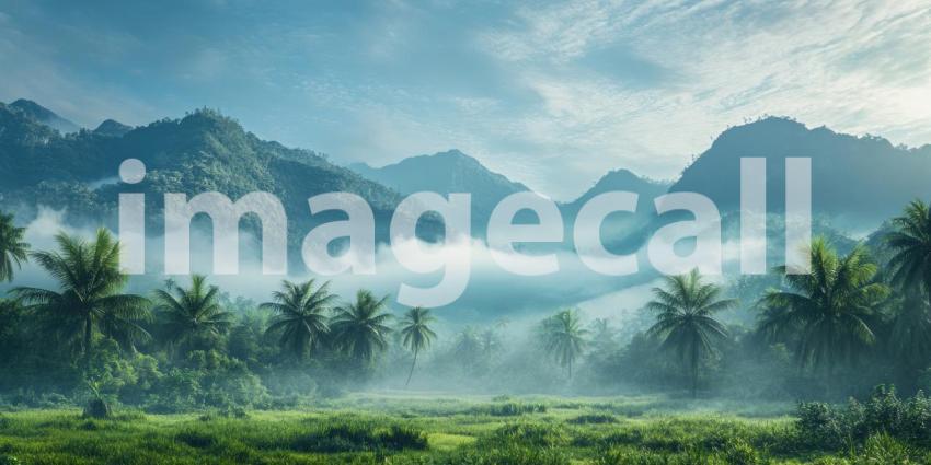 Lush Green Landscape with Misty Mountains and Palm Trees Background, Vibrant Greenery with Majestic Mountains Shrouded in Mist and Palm Trees in the Foreground
