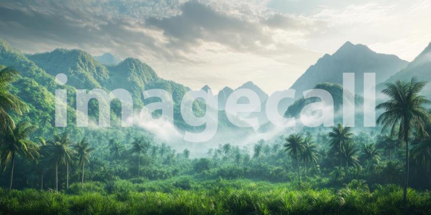 Lush Green Landscape with Misty Mountains and Palm Trees Background, Vibrant Greenery with Majestic Mountains Shrouded in Mist and Palm Trees in the Foreground