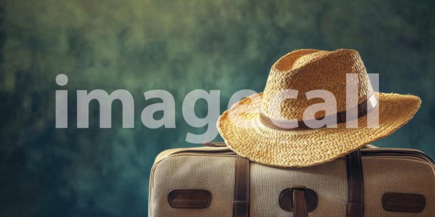 Luxury travel bag with a straw hat on top against a solid background, a sophisticated leather bag paired with a stylish hat, evoking a sense of elegance and adventure, perfect for a getaway or vacation theme.
