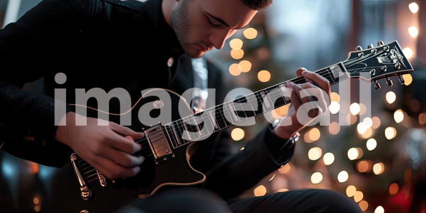 Man Plays Guitar During Performance Music Concert Band Background, Dynamic Scene of a Musician Strumming Guitar on Stage with a Live Band and Audience in the Background