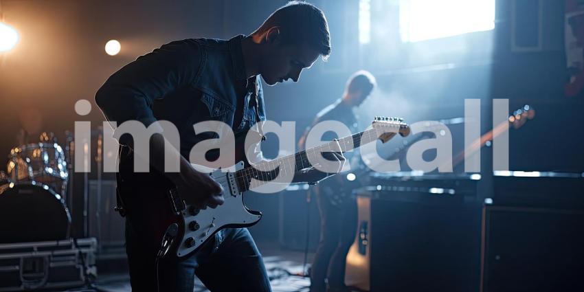 Man Plays Guitar During Performance Music Concert Band Background, Dynamic Scene of a Musician Strumming Guitar on Stage with a Live Band and Audience in the Background