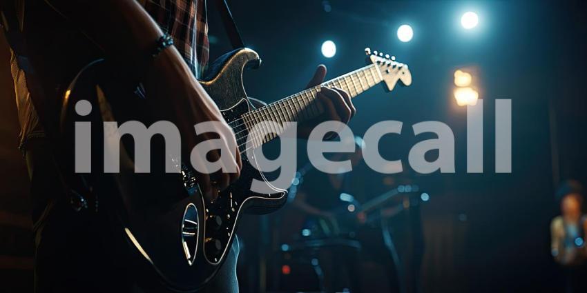 Man Plays Guitar During Performance Music Concert Band Background, Dynamic Scene of a Musician Strumming Guitar on Stage with a Live Band and Audience in the Background