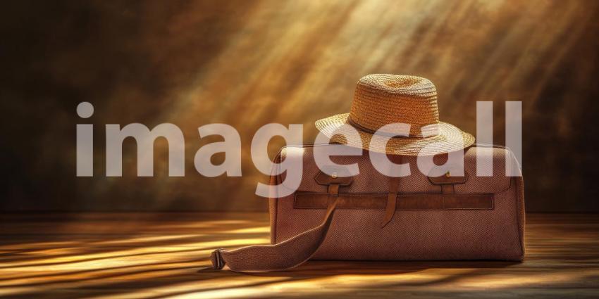 Luxury travel bag with a straw hat on top against a solid background, a sophisticated leather bag paired with a stylish hat, evoking a sense of elegance and adventure, perfect for a getaway or vacation theme.