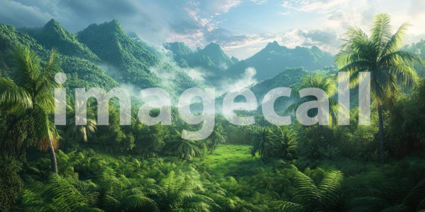 Lush Green Landscape with Misty Mountains and Palm Trees Background, Vibrant Greenery with Majestic Mountains Shrouded in Mist and Palm Trees in the Foreground