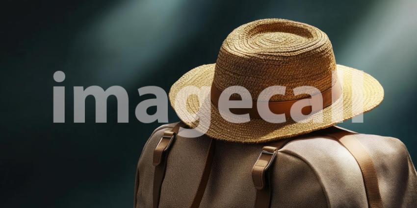 Luxury travel bag with a straw hat on top against a solid background, a sophisticated leather bag paired with a stylish hat, evoking a sense of elegance and adventure, perfect for a getaway or vacation theme.