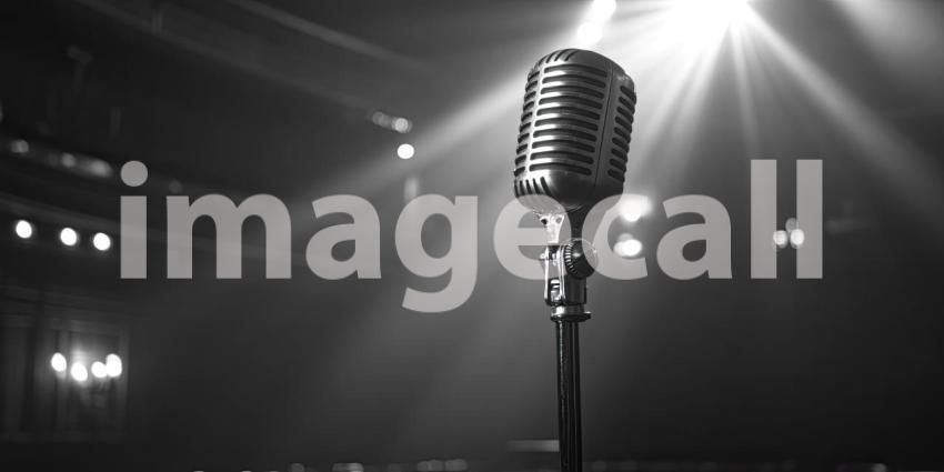 Microphone Against Softly Blurred Auditorium Background, Focused Microphone with a Faintly Blurred Auditorium Setting