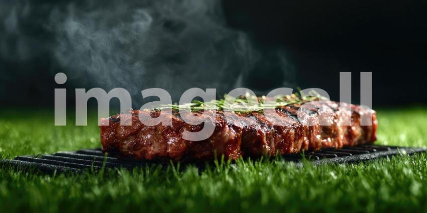 Meat on a grill with smoke sitting on green grass, surrounded by fresh, vibrant grass and open space, with room for text or branding, evoking a casual outdoor barbecue or picnic atmosphere.
