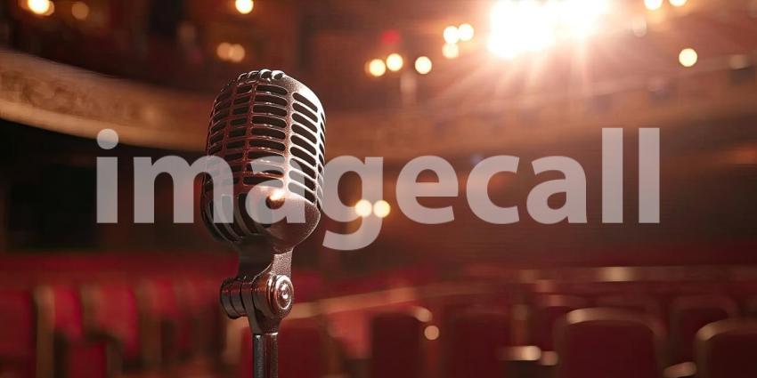Microphone Against Softly Blurred Auditorium Background, Focused Microphone with a Faintly Blurred Auditorium Setting