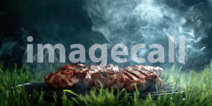 Meat on a grill with smoke sitting on green grass, surrounded by fresh, vibrant grass and open space, with room for text or branding, evoking a casual outdoor barbecue or picnic atmosphere.