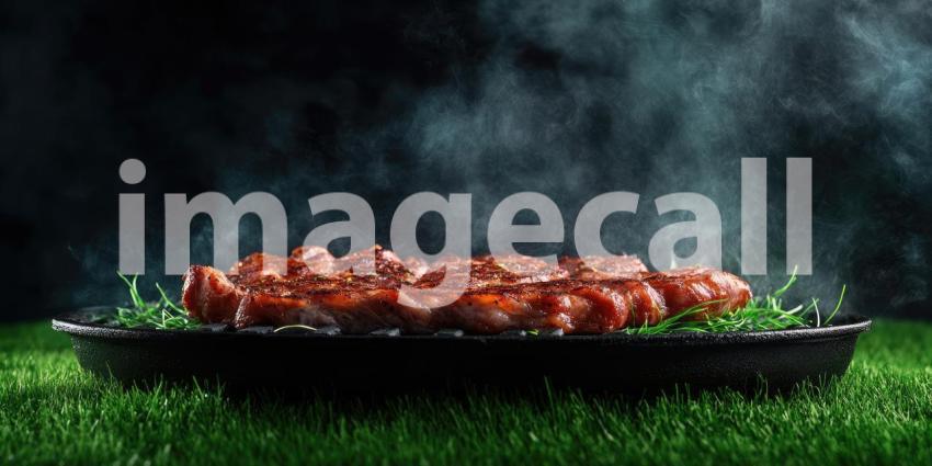 Meat on a grill with smoke sitting on green grass, surrounded by fresh, vibrant grass and open space, with room for text or branding, evoking a casual outdoor barbecue or picnic atmosphere.