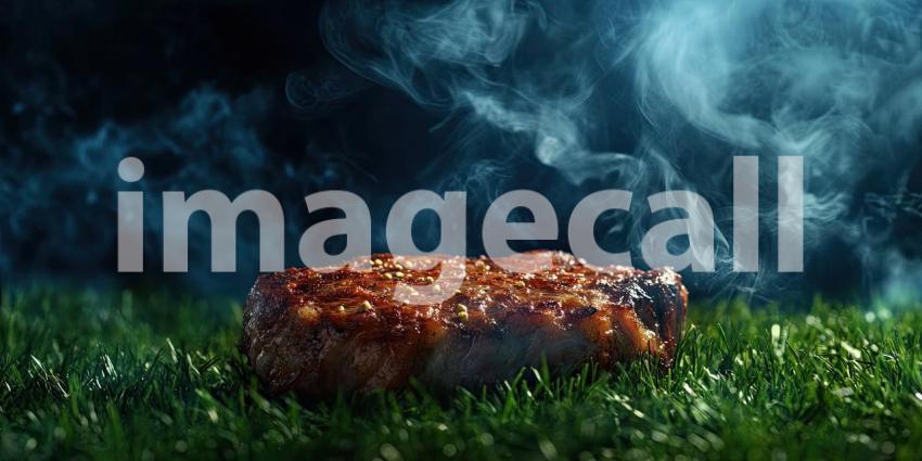 Meat on a grill with smoke sitting on green grass, surrounded by fresh, vibrant grass and open space, with room for text or branding, evoking a casual outdoor barbecue or picnic atmosphere.