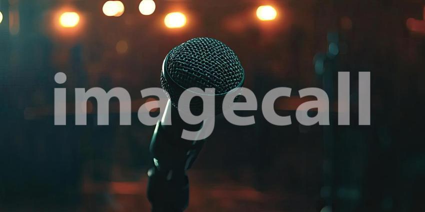Microphone Against Softly Blurred Auditorium Background, Focused Microphone with a Faintly Blurred Auditorium Setting