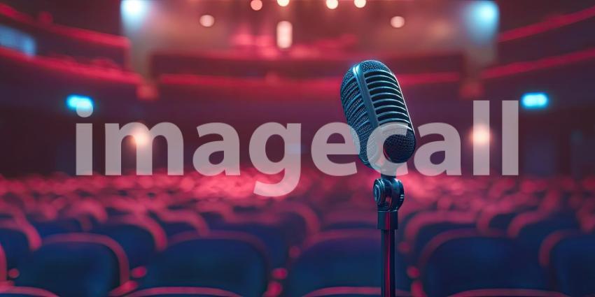 Microphone Against Softly Blurred Auditorium Background, Focused Microphone with a Faintly Blurred Auditorium Setting