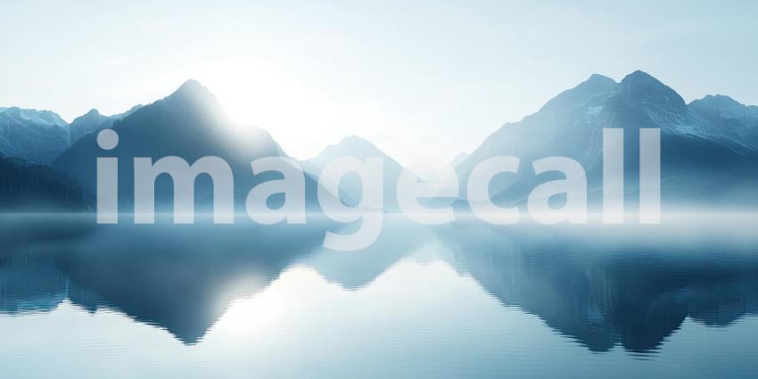Misty mountainside over calm waters background, soft mist rolling over the rugged mountain peaks, reflecting gently on the tranquil water below, creating a serene and peaceful landscape.